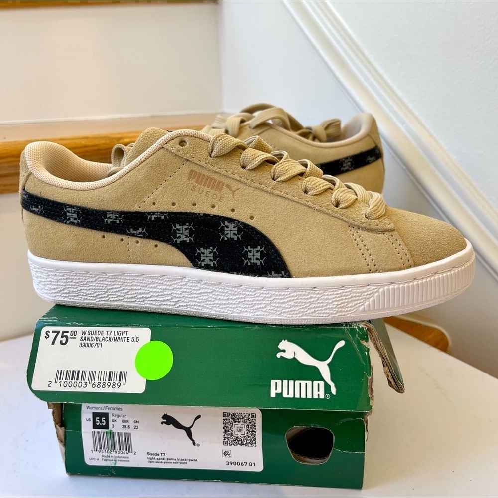 NWT Puma Women’s Suede Classic T7 Sneakers in sand tan beige / black / white